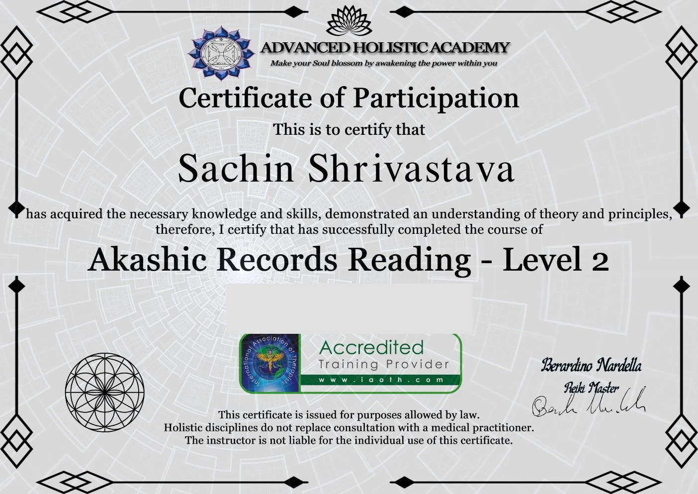 Akashic Records Reading — Level 2 certificate held by Sachin Shrivastava