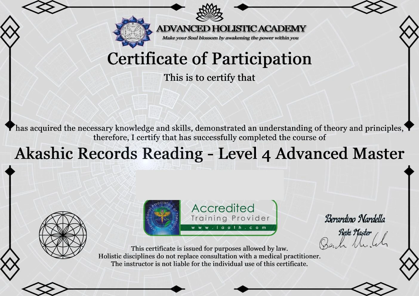 Akashic Records Reading — Level 4 Advanced Master certificate held by Sachin Shrivastava